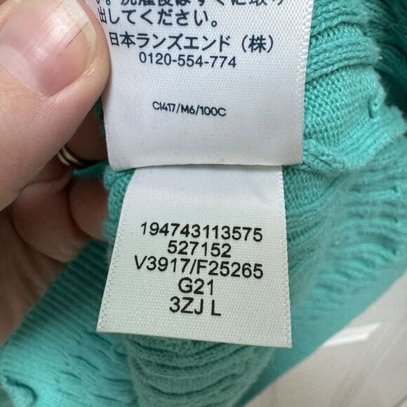 Lands' End Fisherman Cable Knit Sweater Womens Large Tall Green Cotton Mock Neck - Picture 6 of 8